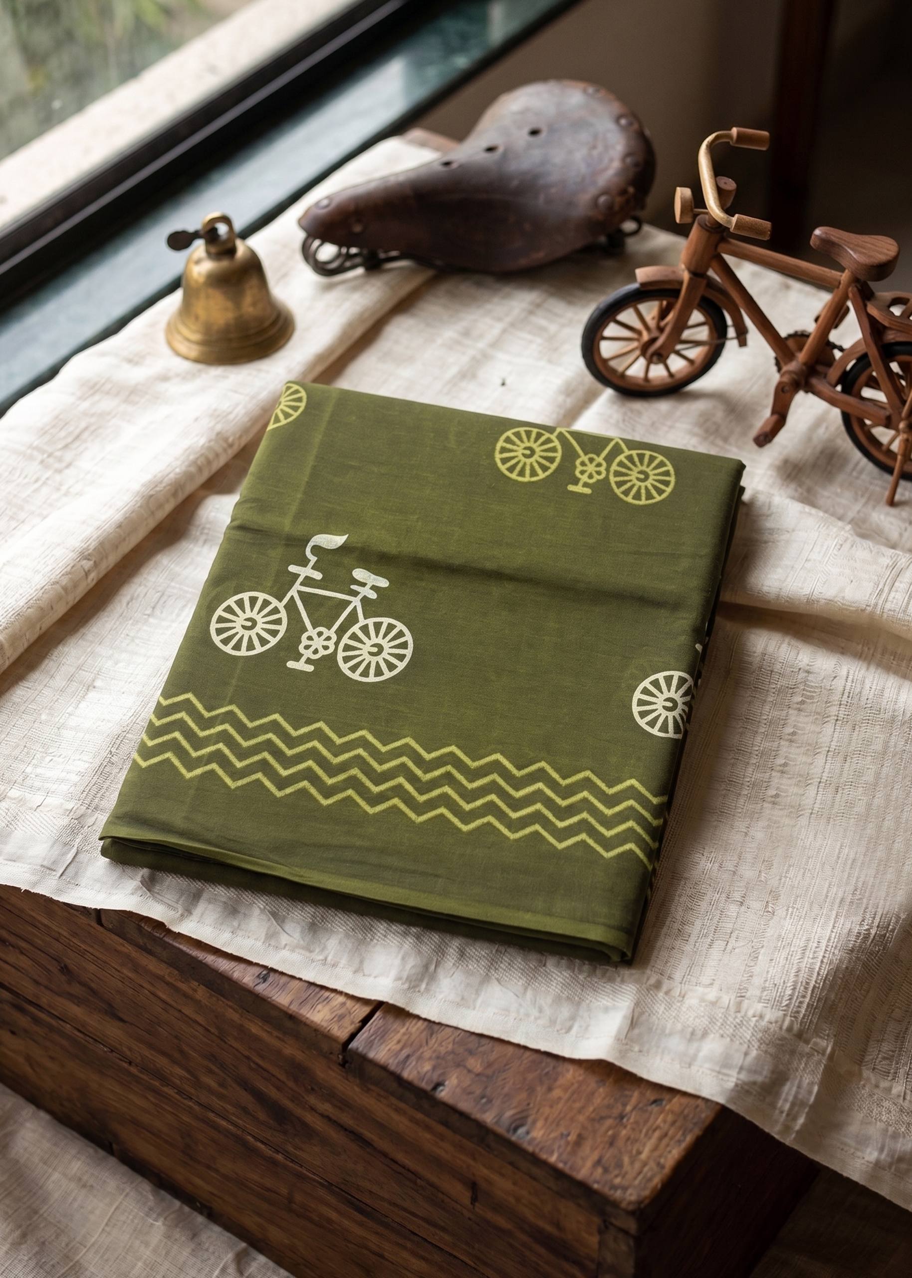 PURE HANDLOOM SOFT COTTON OLIVE SAREE WITH BLOUSE