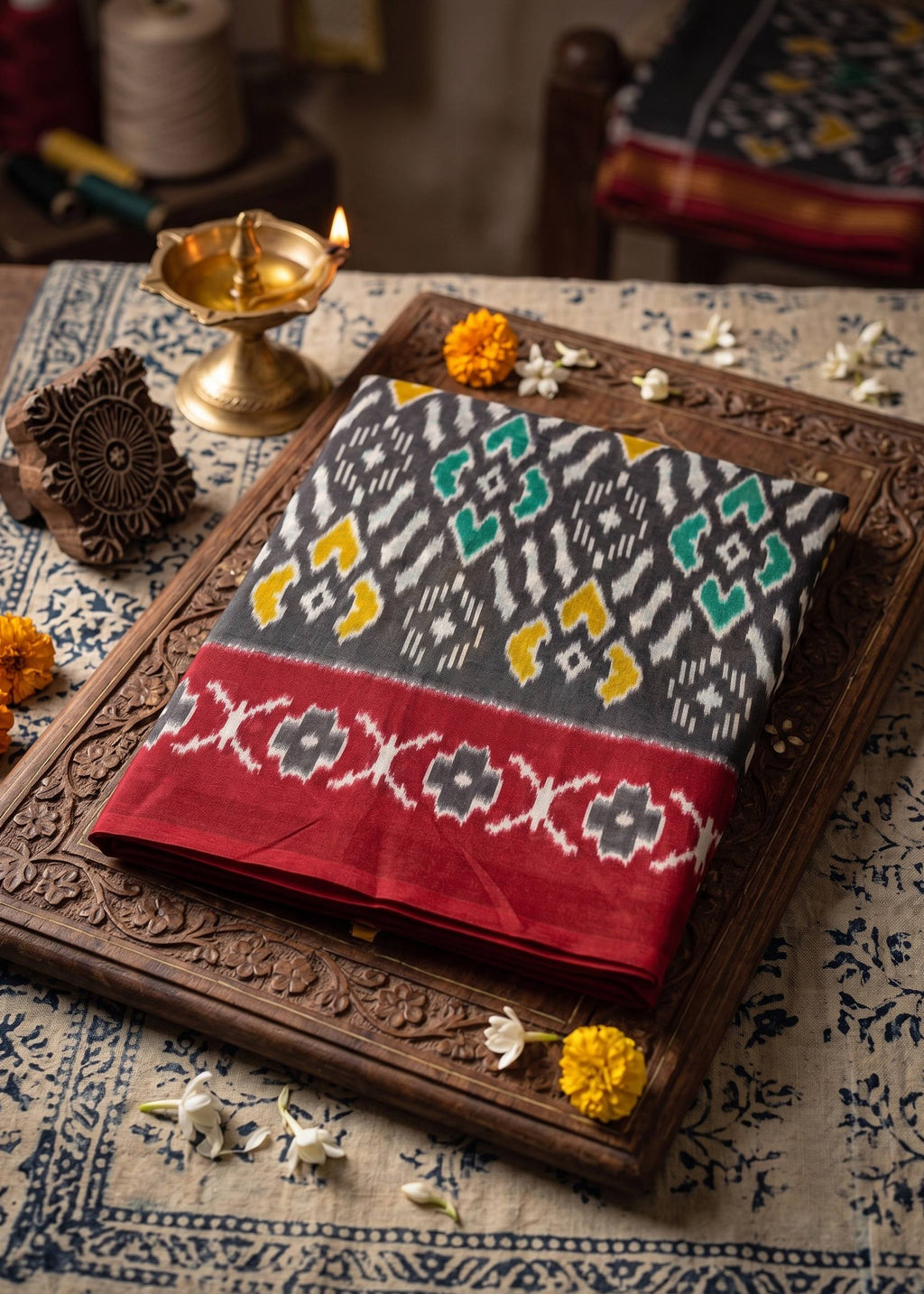 PREMIUM SOFT COTTON ROYAL TRADITIONAL IKAT PRINT GREY SAREE WITH BLOUSE