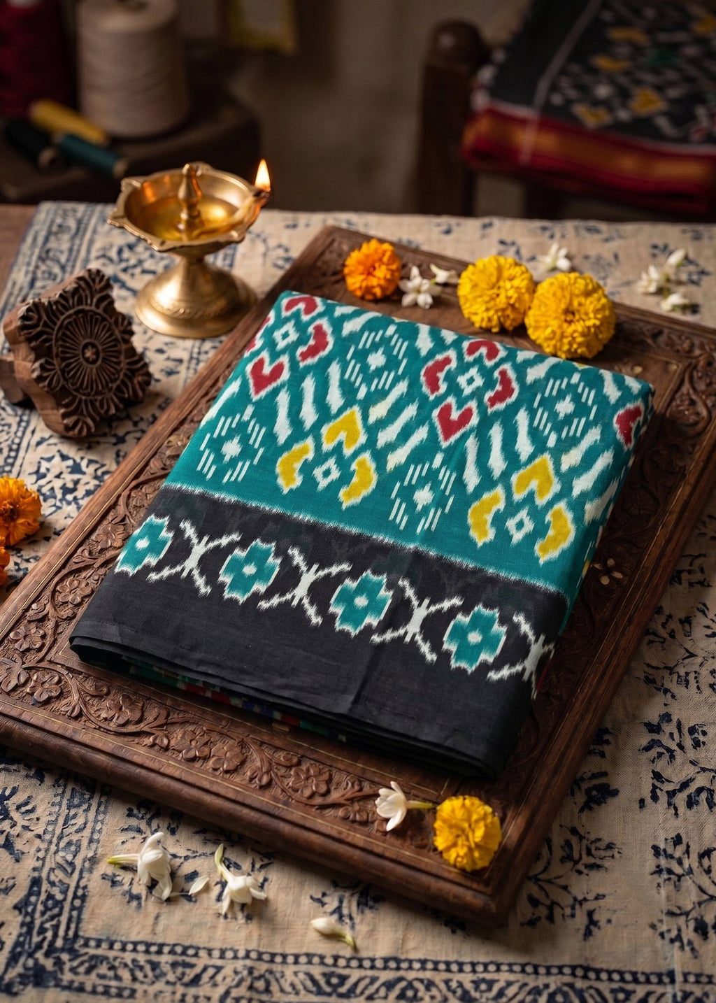 PREMIUM SOFT COTTON ROYAL TRADITIONAL IKAT PRINT BLUE SAREE WITH BLOUSE