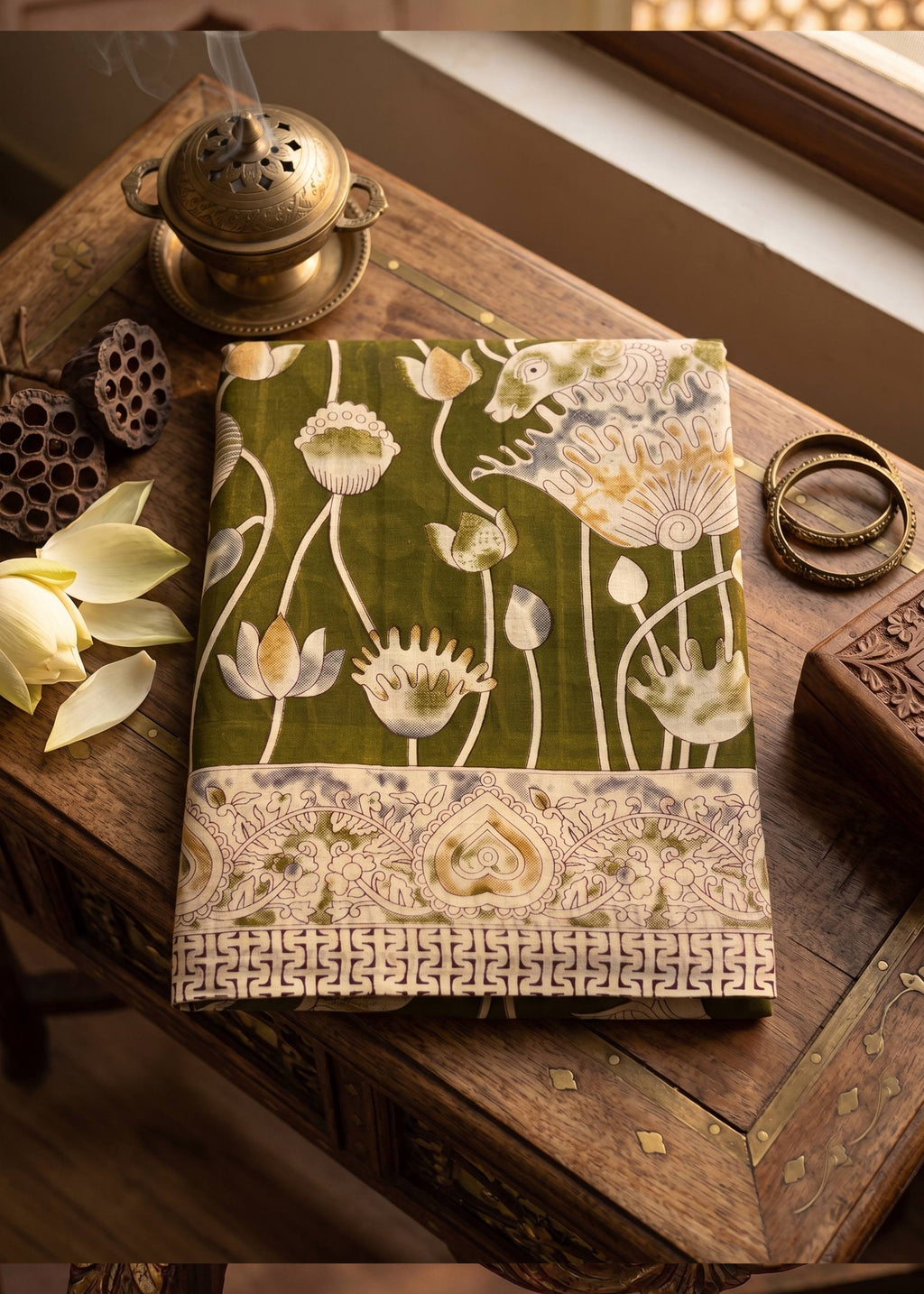 PREMIUM SOFT COTTON BLOCK PRINT OLIVE SAREE WITH BLOUSE