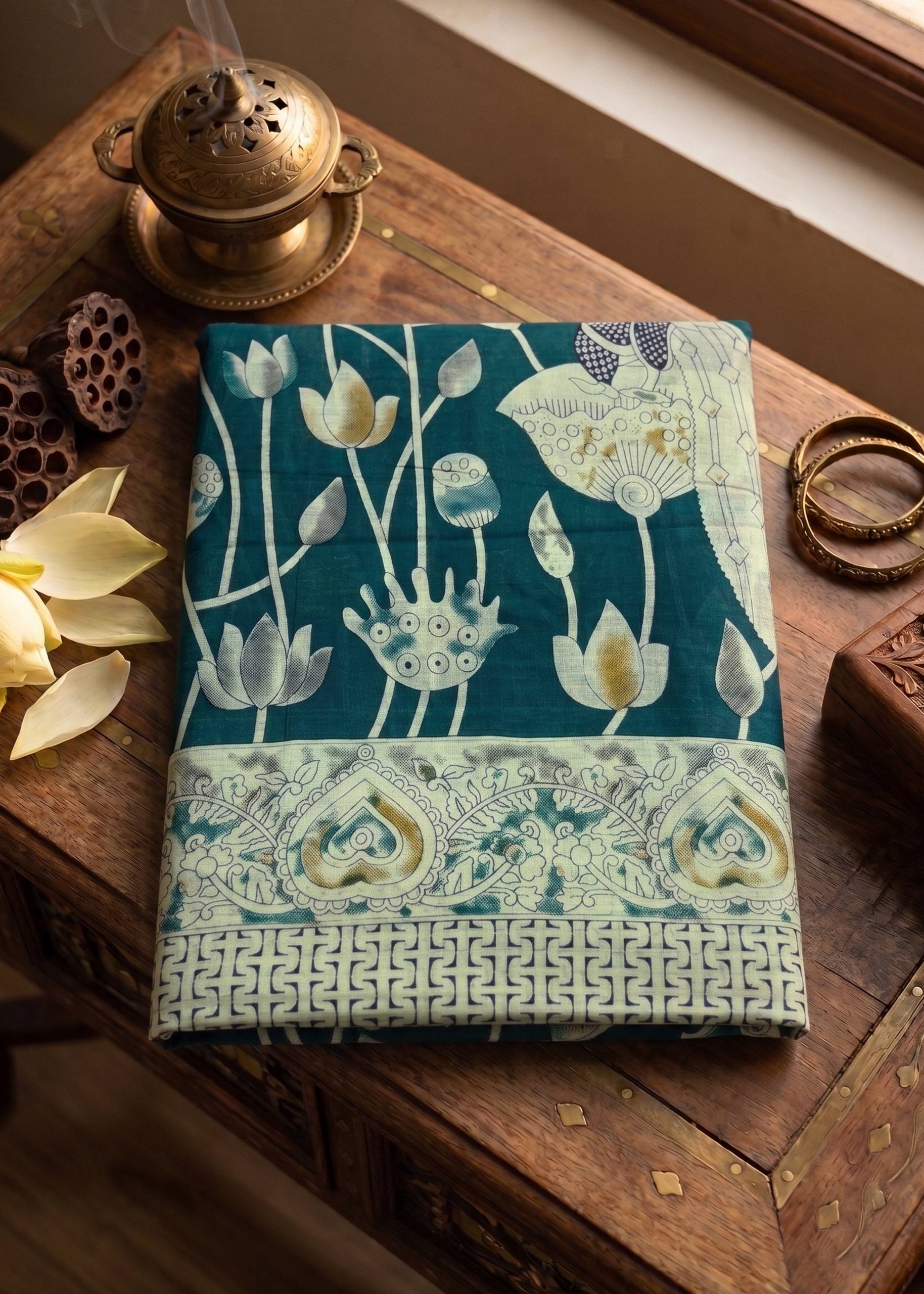 PREMIUM SOFT COTTON BLOCK PRINT TEAL SAREE WITH BLOUSE
