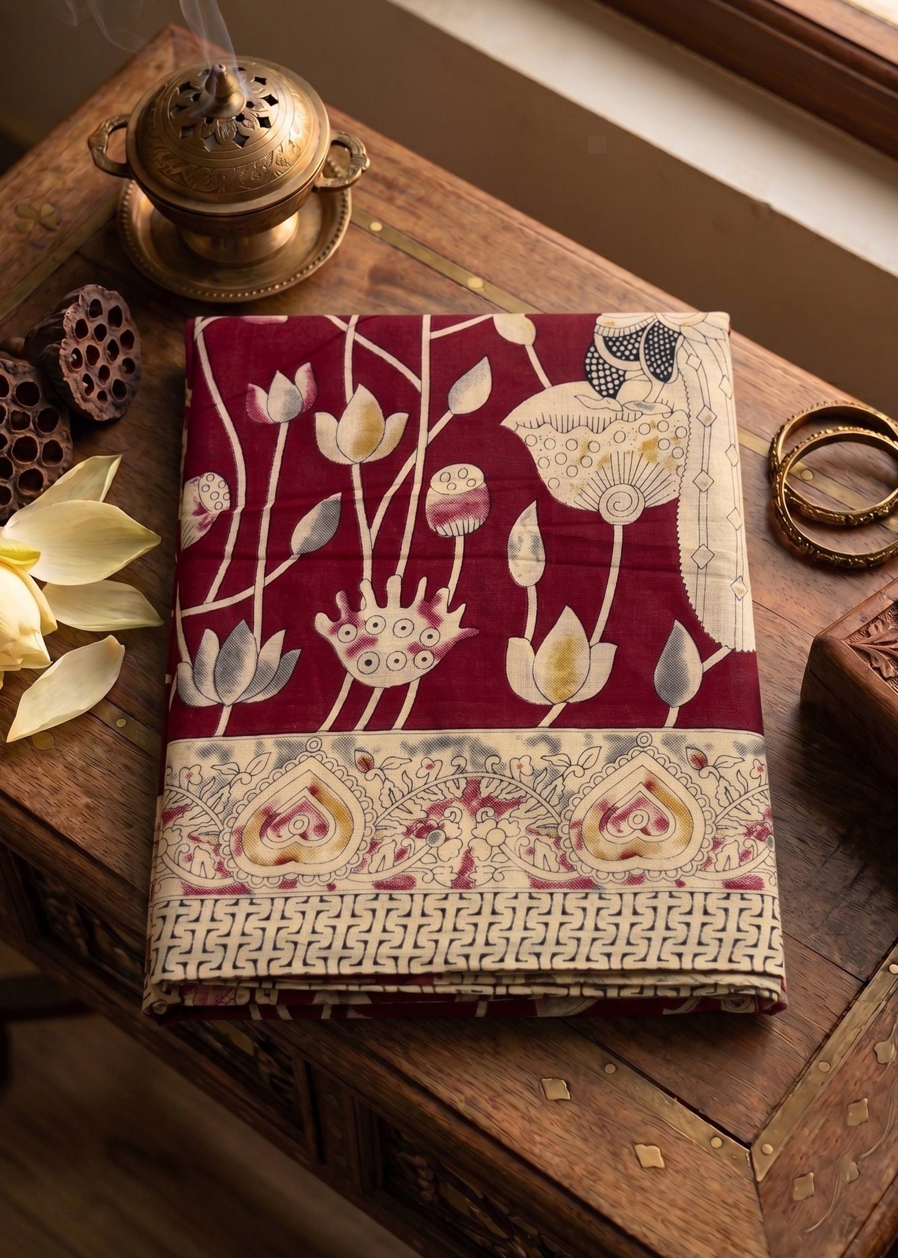 PREMIUM SOFT COTTON BLOCK PRINT MAROON SAREE WITH BLOUSE