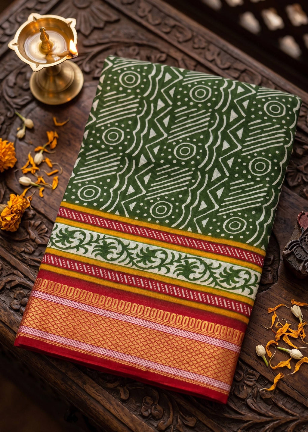 PRIMUM MULMUL COTTON WITH HEVY ZARI BORDAR BAGRU BANDHANI PRINTED GREEN SAREE WITH BLOUSE