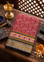 PRIMUM MULMUL COTTON WITH HEVY ZARI BORDAR BAGRU BANDHANI PRINTED RED SAREE WITH BLOUSE