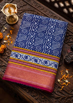 PRIMUM MULMUL COTTON WITH HEVY ZARI BORDAR BAGRU BANDHANI PRINTED BLUE SAREE WITH BLOUSE