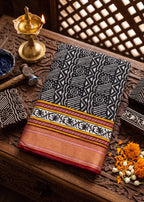 PRIMUM MULMUL COTTON WITH HEVY ZARI BORDAR BAGRU BANDHANI PRINTED BLACK SAREE WITH BLOUSE