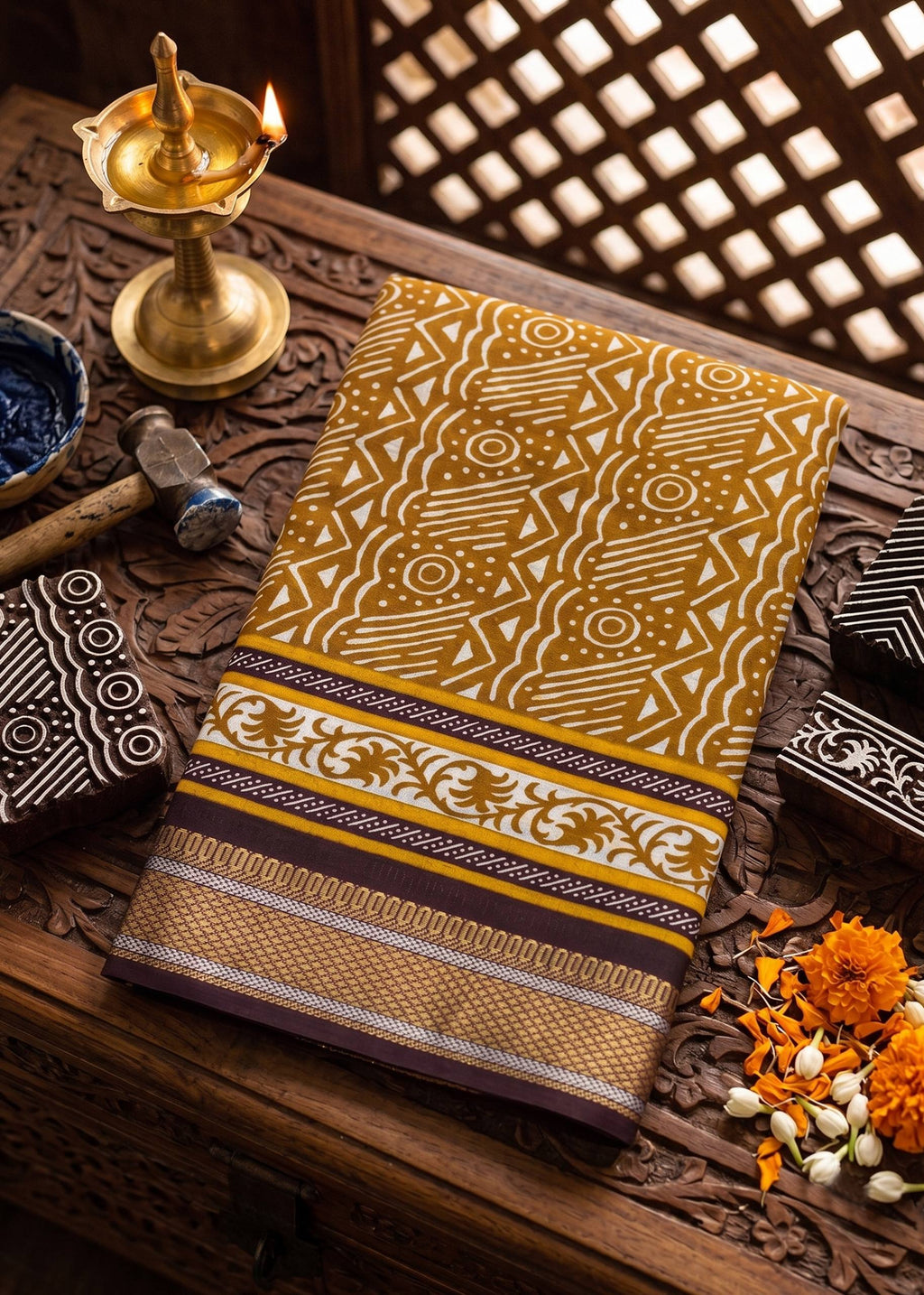 PRIMUM MULMUL COTTON WITH HEVY ZARI BORDAR BAGRU BANDHANI PRINTED MUSTARD SAREE WITH BLOUSE
