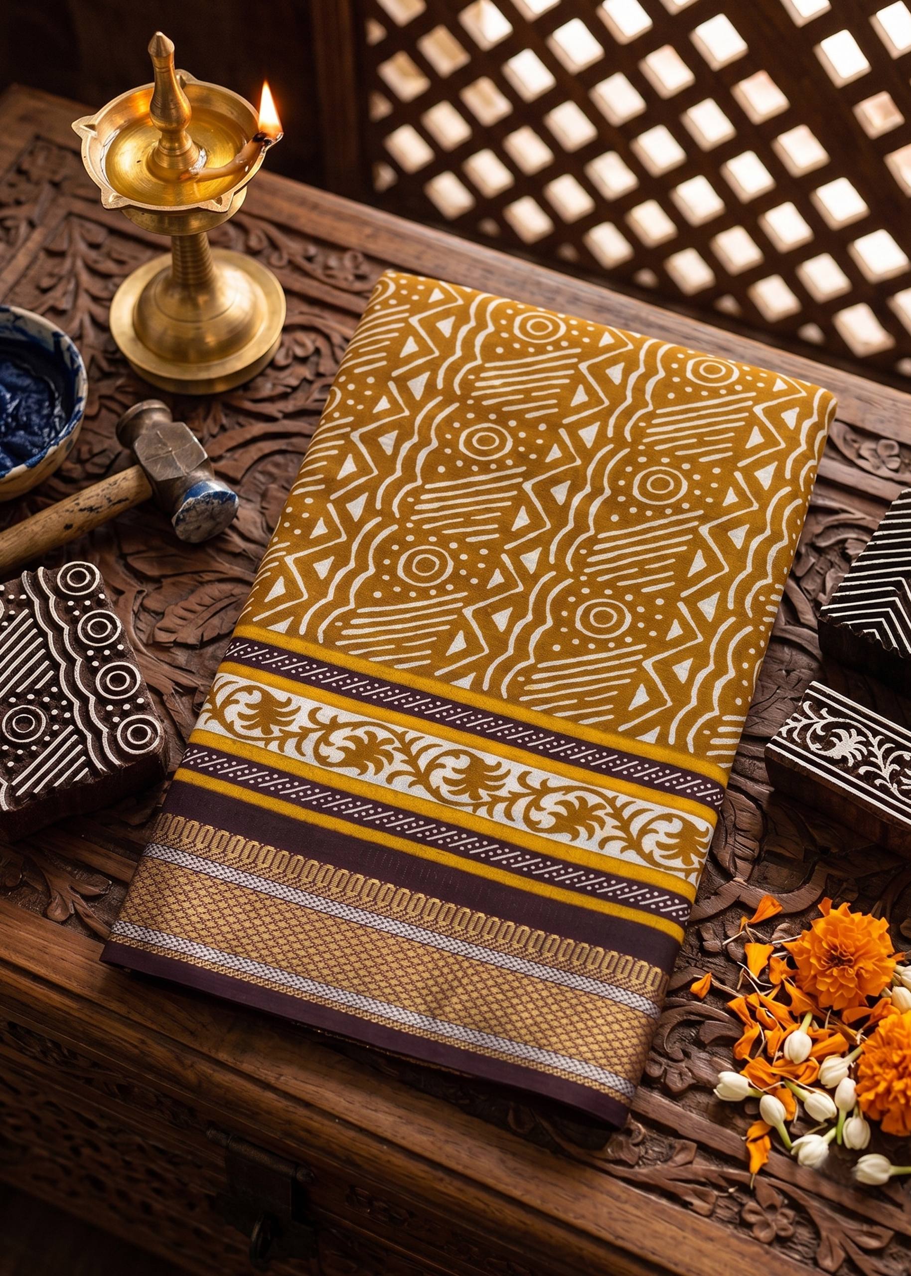 PRIMUM MULMUL COTTON WITH HEVY ZARI BORDAR BAGRU BANDHANI PRINTED MUSTARD SAREE WITH BLOUSE
