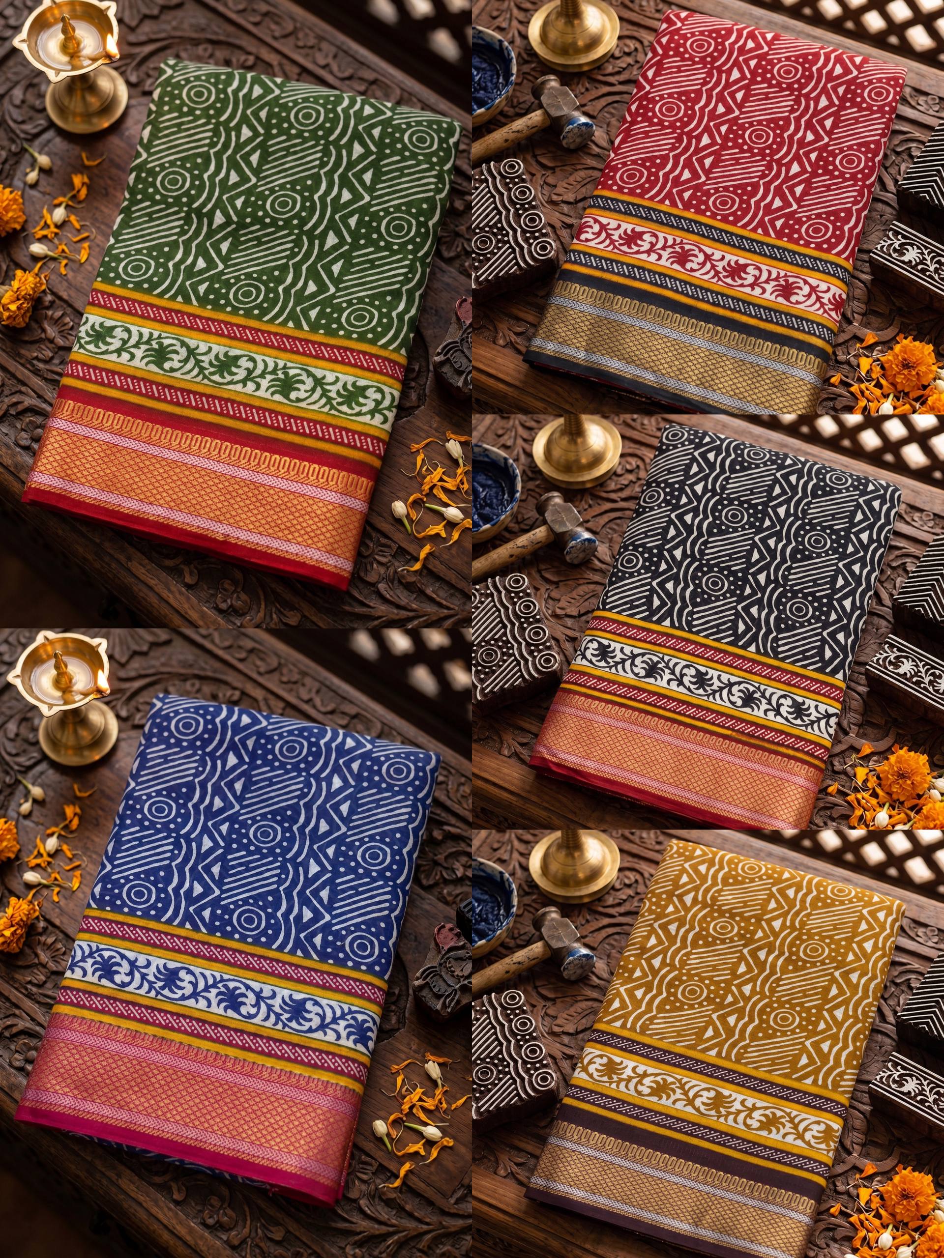 PRIMUM MULMUL COTTON WITH HEVY ZARI BORDAR BAGRU BANDHANI PRINTED GREEN SAREE WITH BLOUSE