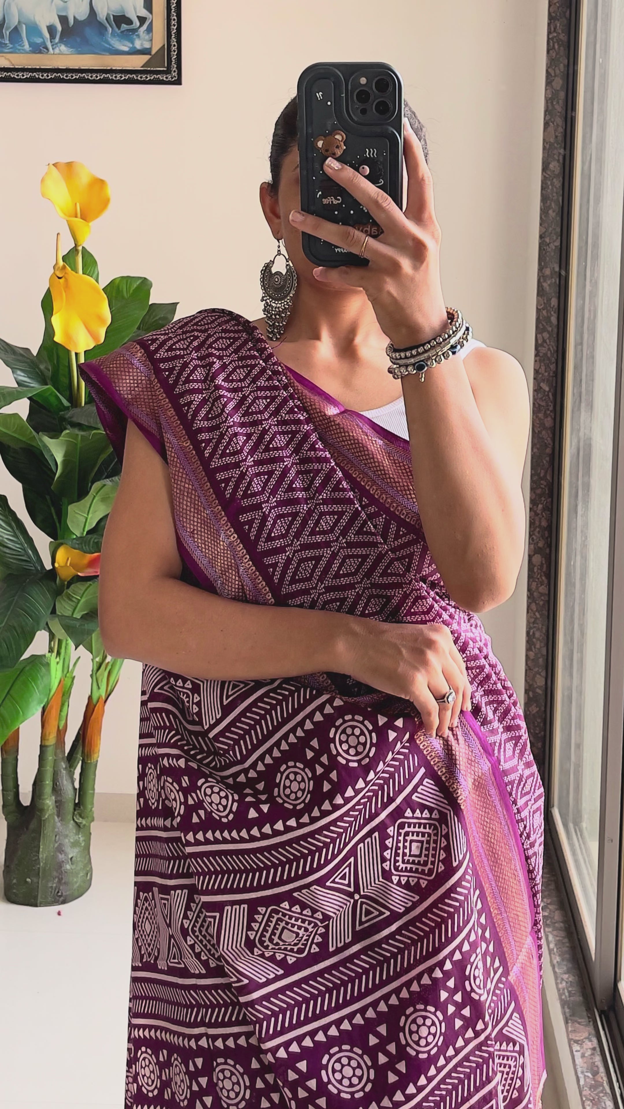 SELFI PRIMUM MULMUL COTTON WITH HEVY ZARI BORDAR BAGRU BANDHANI PRINTED PURPLE SAREE