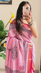 SUTRA1 NATURAL CELLULOSE NYLON AND VISCOSE HAND BLOCK SUTRA SILK BABY PINK SAREE