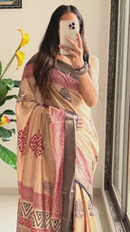 SUTRA1 NATURAL CELLULOSE NYLON AND VISCOSE HAND BLOCK SUTRA SILK BEIGE SAREE