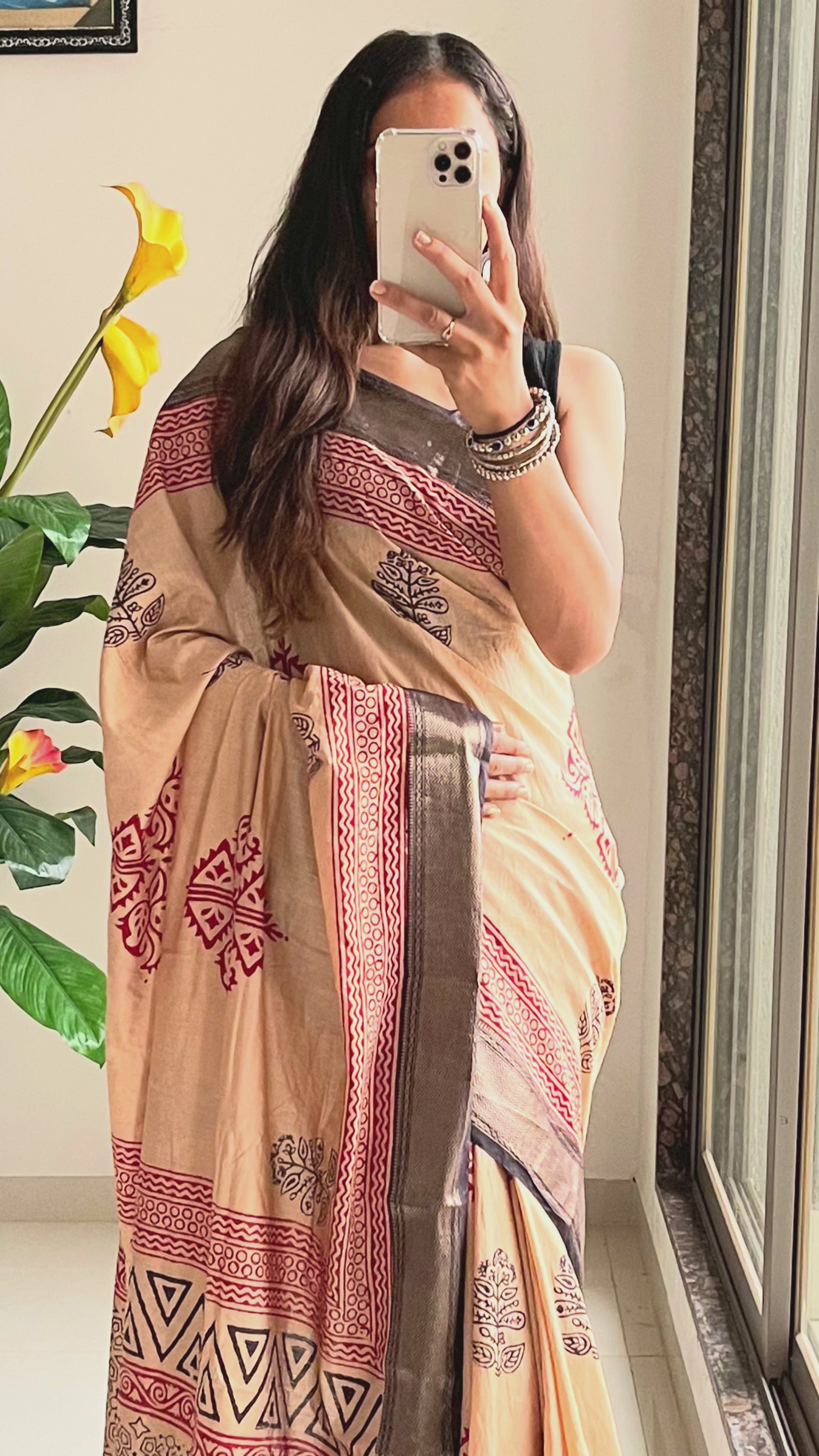 SUTRA1 NATURAL CELLULOSE NYLON AND VISCOSE HAND BLOCK SUTRA SILK BEIGE SAREE