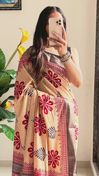 SUTRA4 NATURAL CELLULOSE NYLON AND VISCOSE HAND BLOCK SUTRA SILK BEIGE SAREE