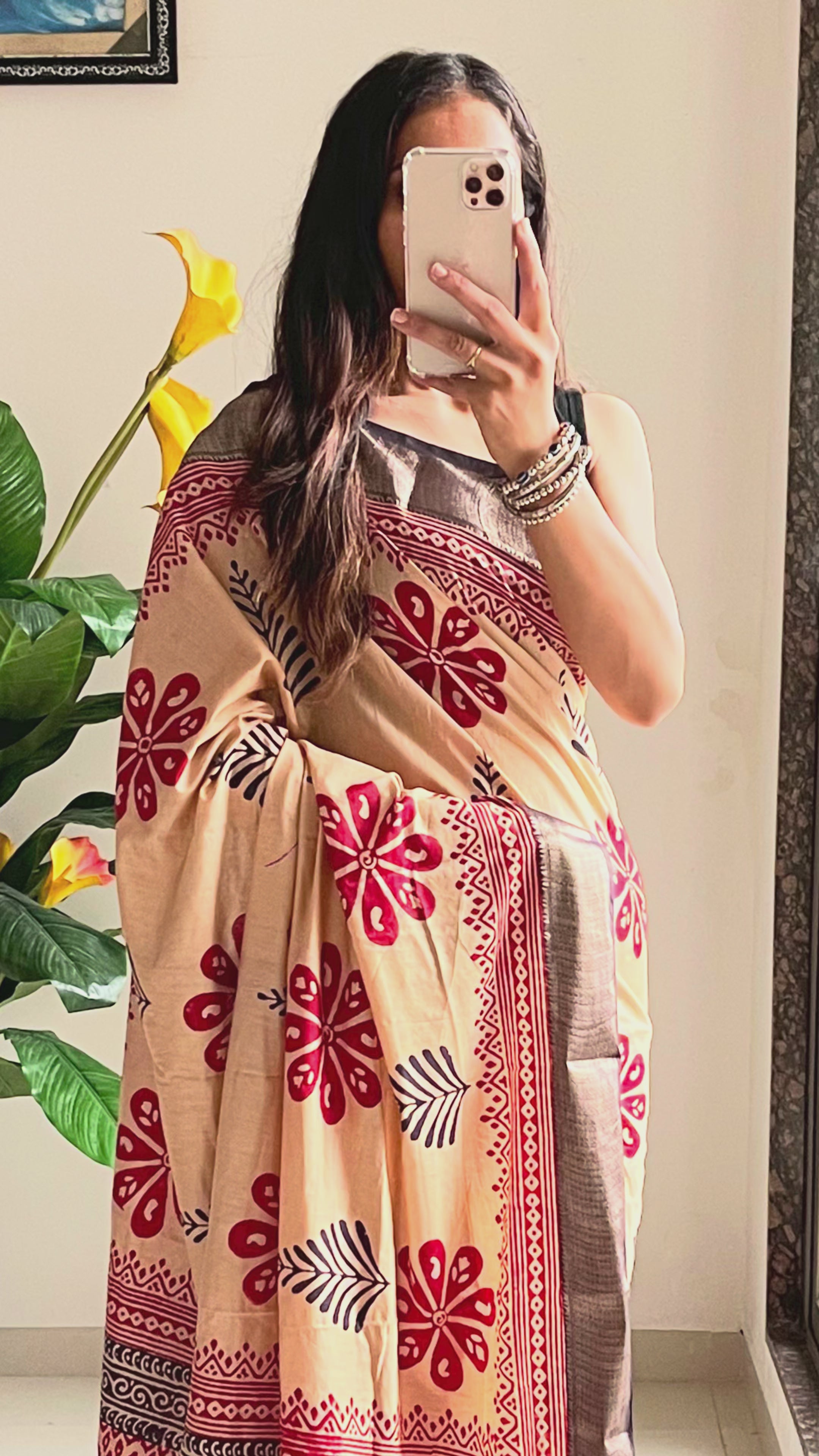 SUTRA4 NATURAL CELLULOSE NYLON AND VISCOSE HAND BLOCK SUTRA SILK BEIGE SAREE