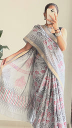 SELFI2 PRIMUM ORIGINAL LINEN WITH MANESHWARI BODAR GREY SAREE