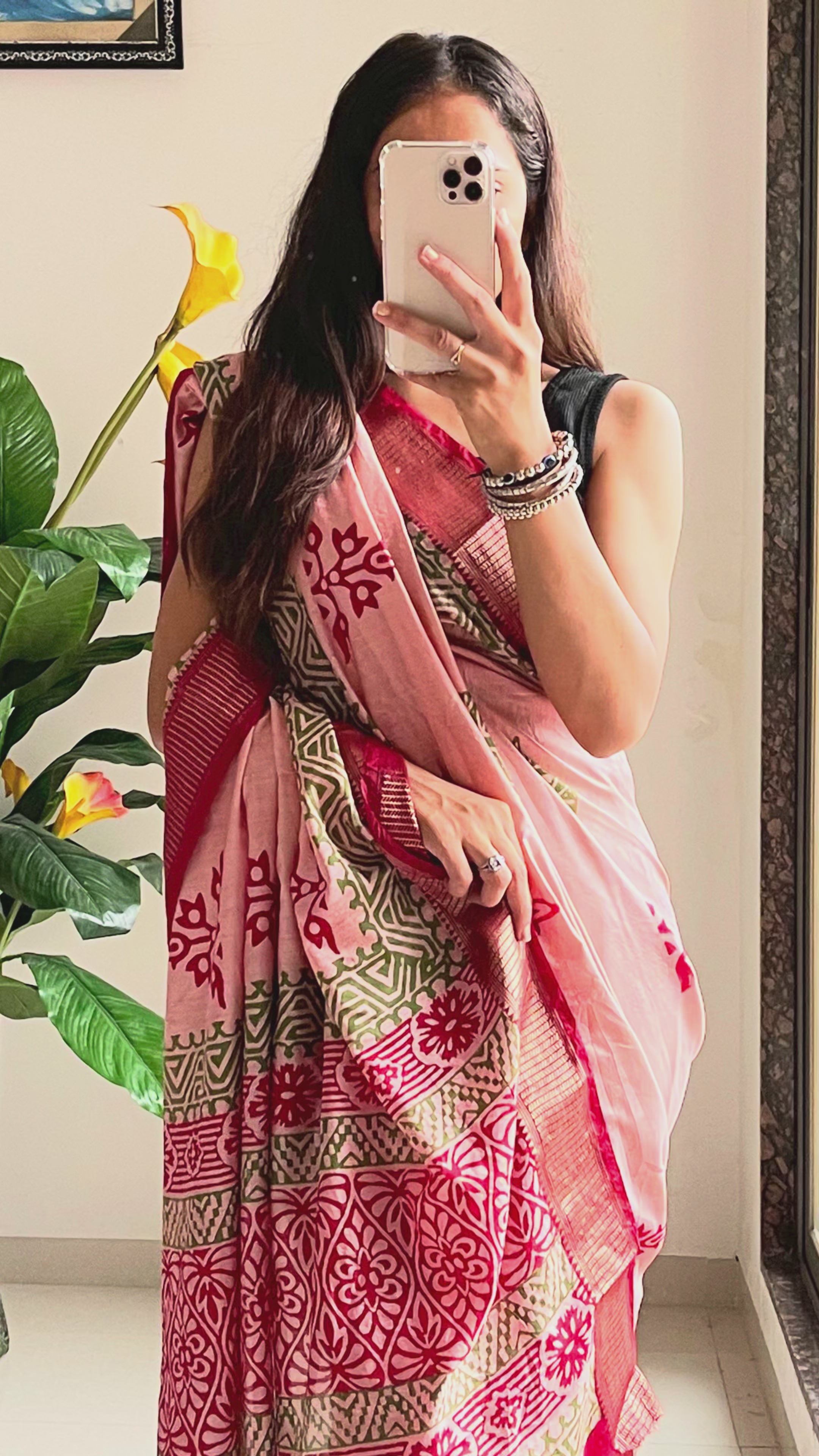 SUTRA3 NATURAL CELLULOSE NYLON AND VISCOSE HAND BLOCK SUTRA SILK DUSTY PINK SAREE