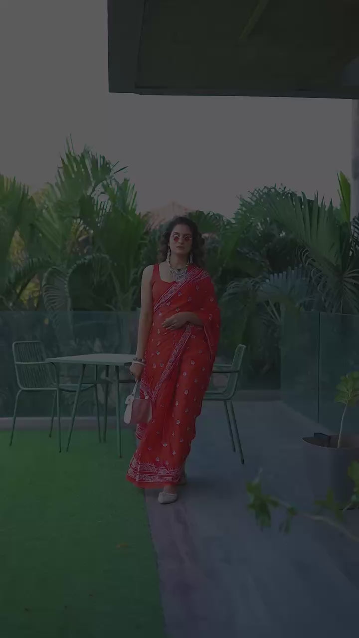 PURE SOFT COTTON BAGRU PRINT RED SAREE WITH BLOUSE