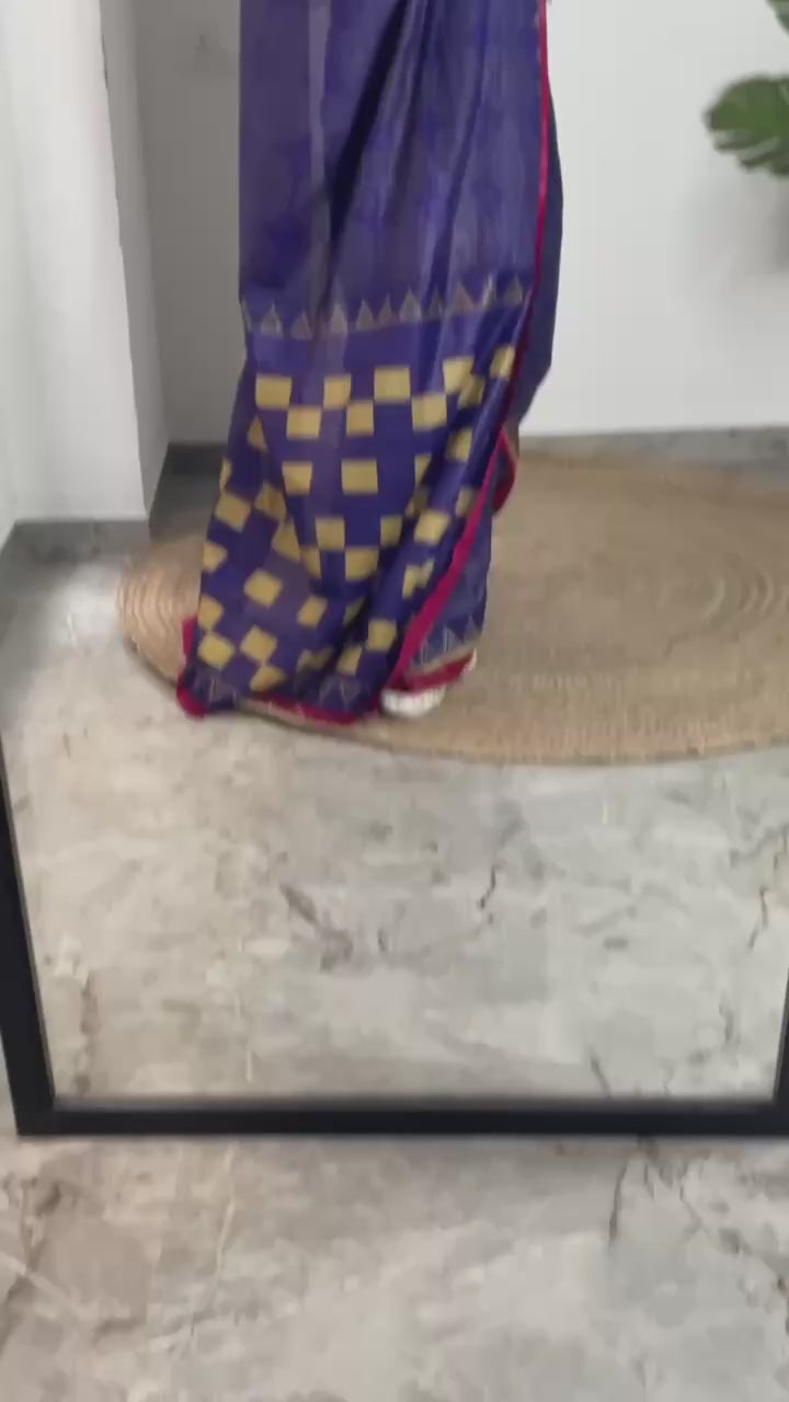 PURE SOFT MULMUL COTTON BAGRU HAND PRINT VIOLET SAREE WITH BLOUSE