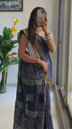 HAND BLOCK10 SOFT MASLIN COTTON WITH HEVY ZARI BODAR NEVY BLUE SAREE