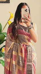 SUTRA2 NATURAL CELLULOSE NYLON AND VISCOSE HAND BLOCK SUTRA SILK BEIGE SAREE