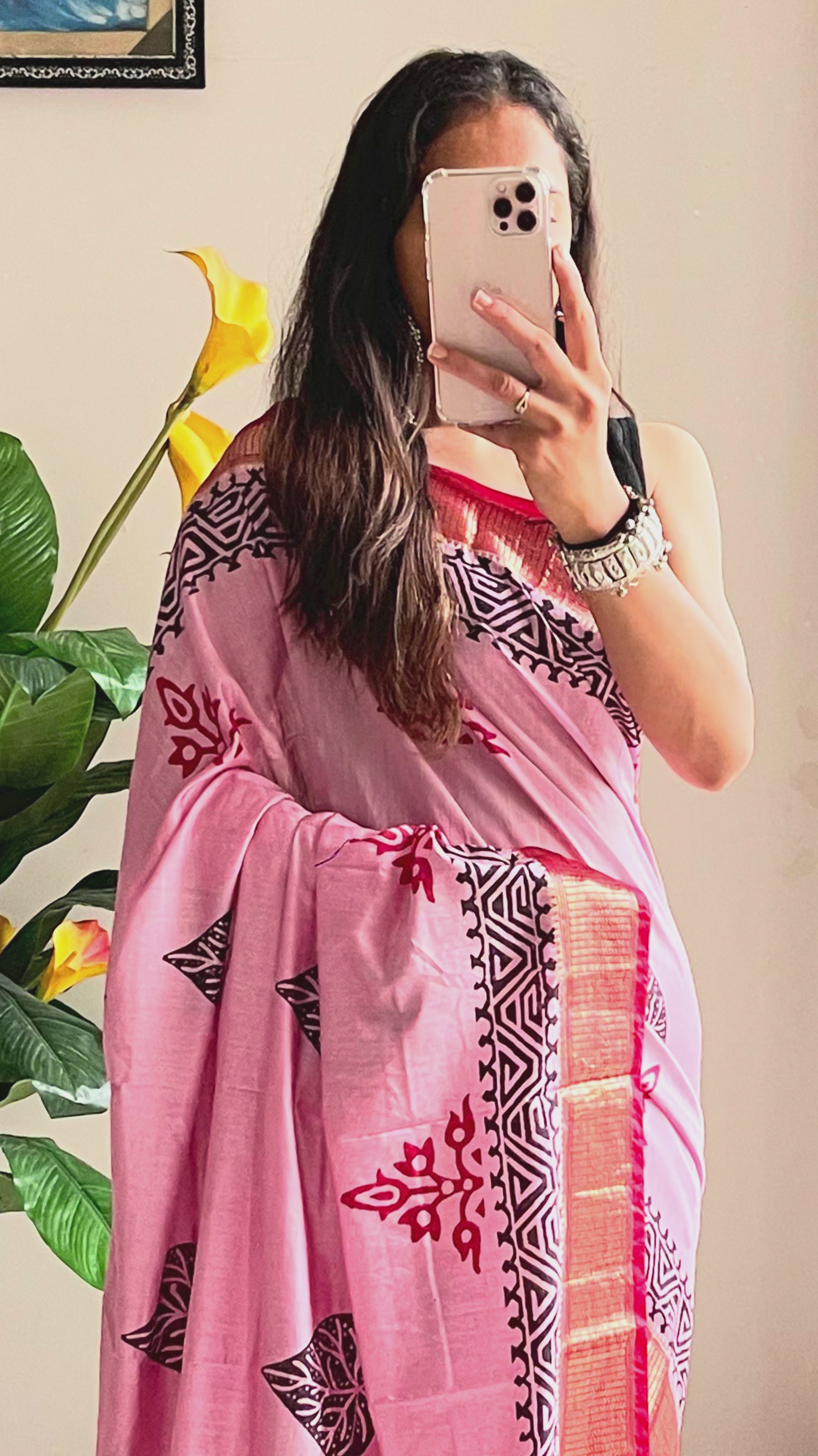 SUTRA3 NATURAL CELLULOSE NYLON AND VISCOSE HAND BLOCK SUTRA SILK BABY PINK SAREE