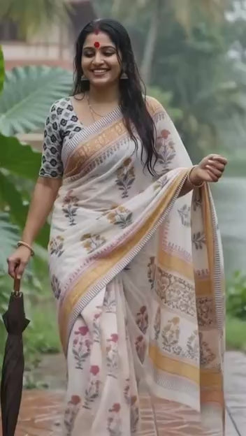 PURE SOFT MULMUL COTTON SANGANERI  HAND BLOCK PRINT WHITE SAREE WITH BLOUSE