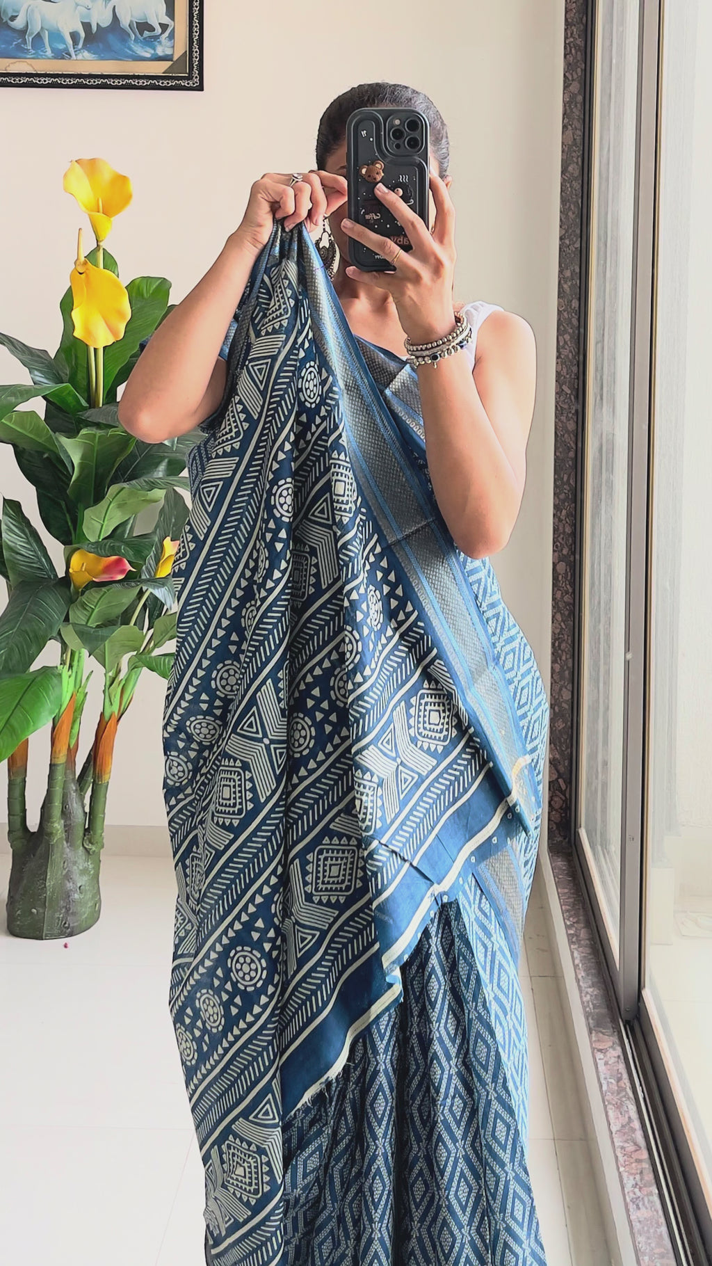 SELFI PRIMUM MULMUL COTTON WITH HEVY ZARI BORDAR BAGRU BANDHANI PRINTED TEAI BLUE SAREE