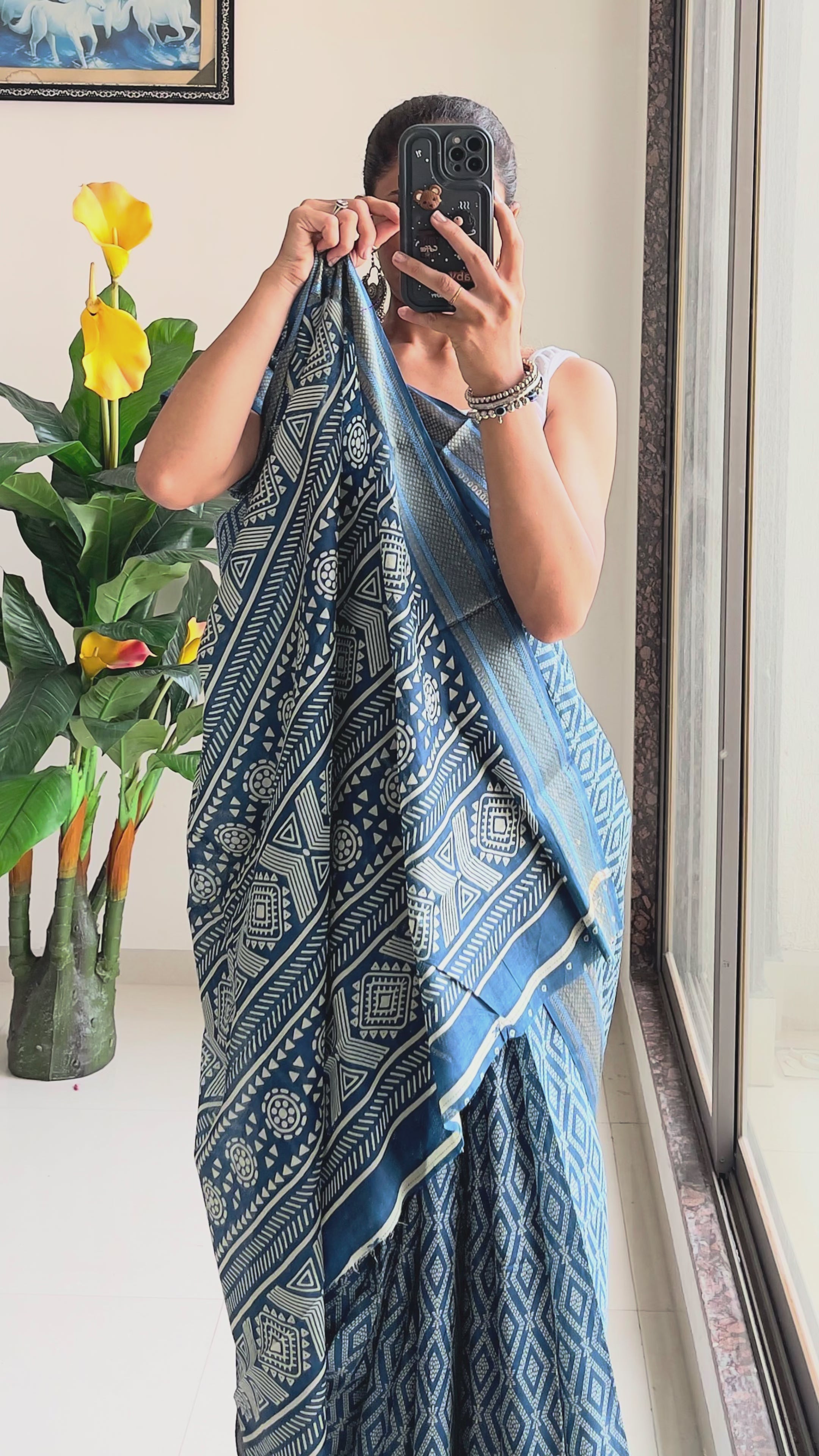 SELFI PRIMUM MULMUL COTTON WITH HEVY ZARI BORDAR BAGRU BANDHANI PRINTED TEAI BLUE SAREE