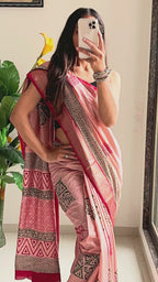 SUTRA1 NATURAL CELLULOSE NYLON AND VISCOSE HAND BLOCK SUTRA SILK DUSTY PINK SAREE