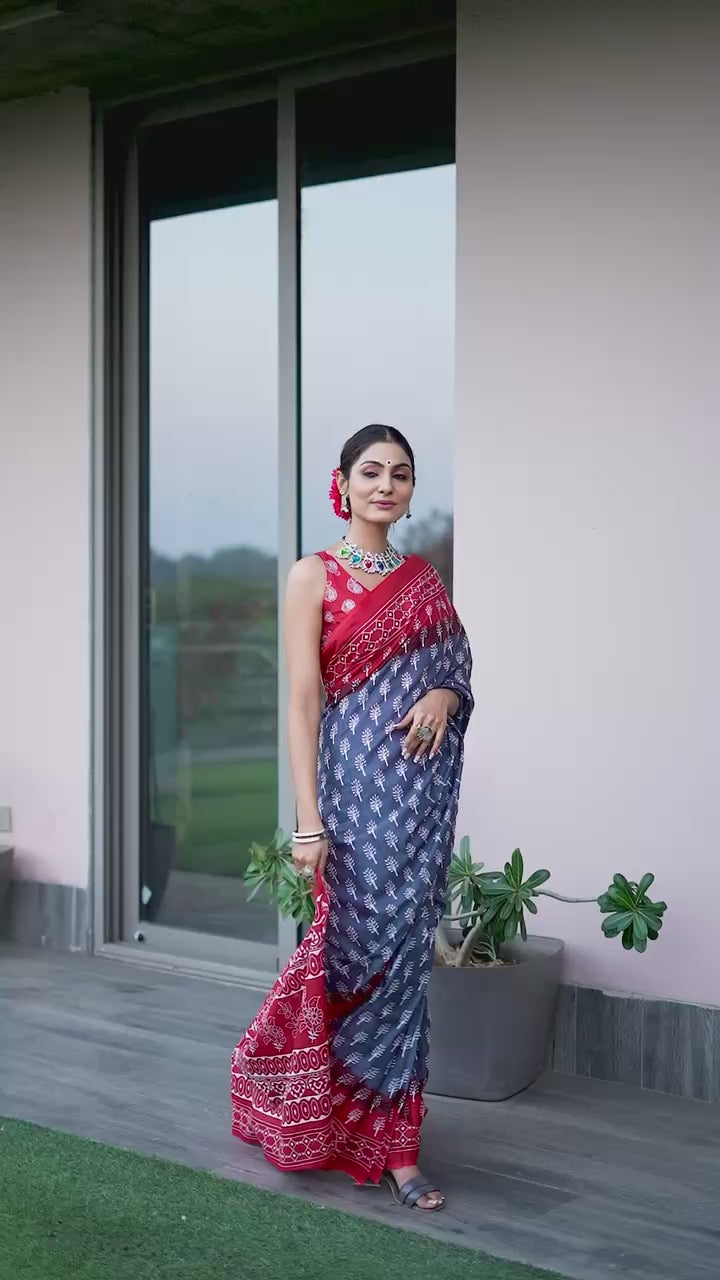 PURE SOFT COTTON BAGRU HAND BLOCK PRINTE GREY SAREE WITH BLOUSE