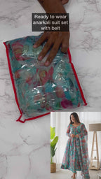 NKB-16 SKY,RED HEAVY PURE SOFT TABBY ORGANJA SILK PRINT FULLY FLAIR KALI PATTERN AND CANVAS PATTA WITH DUPPTA SET PENT READY TO WEAR SKY RED