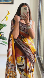SELFI 20 PURE MUL COTTON TRADITIONAL KALMKARI HANDBLOCK PRINT MUSTARD SAREE