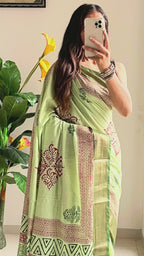 SUTRA1 NATURAL CELLULOSE NYLON AND VISCOSE HAND BLOCK SUTRA SILK PISTA GREEN SAREE