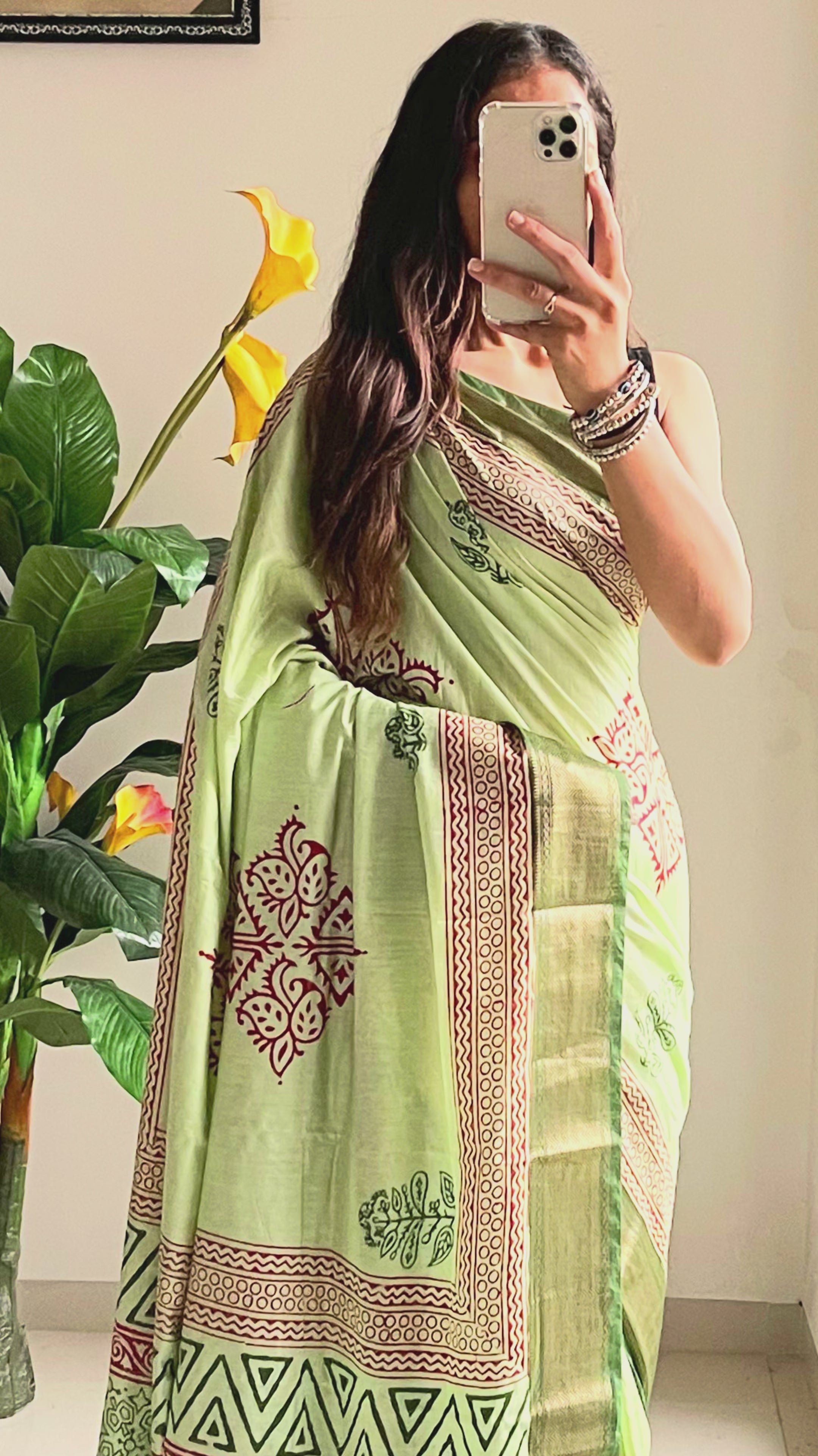 SUTRA1 NATURAL CELLULOSE NYLON AND VISCOSE HAND BLOCK SUTRA SILK PISTA GREEN SAREE