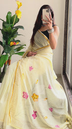 SELFI12 SOFT MASLIN COTTON WITH HEVY ZARI BODAR LIGHT YELLOW SAREE