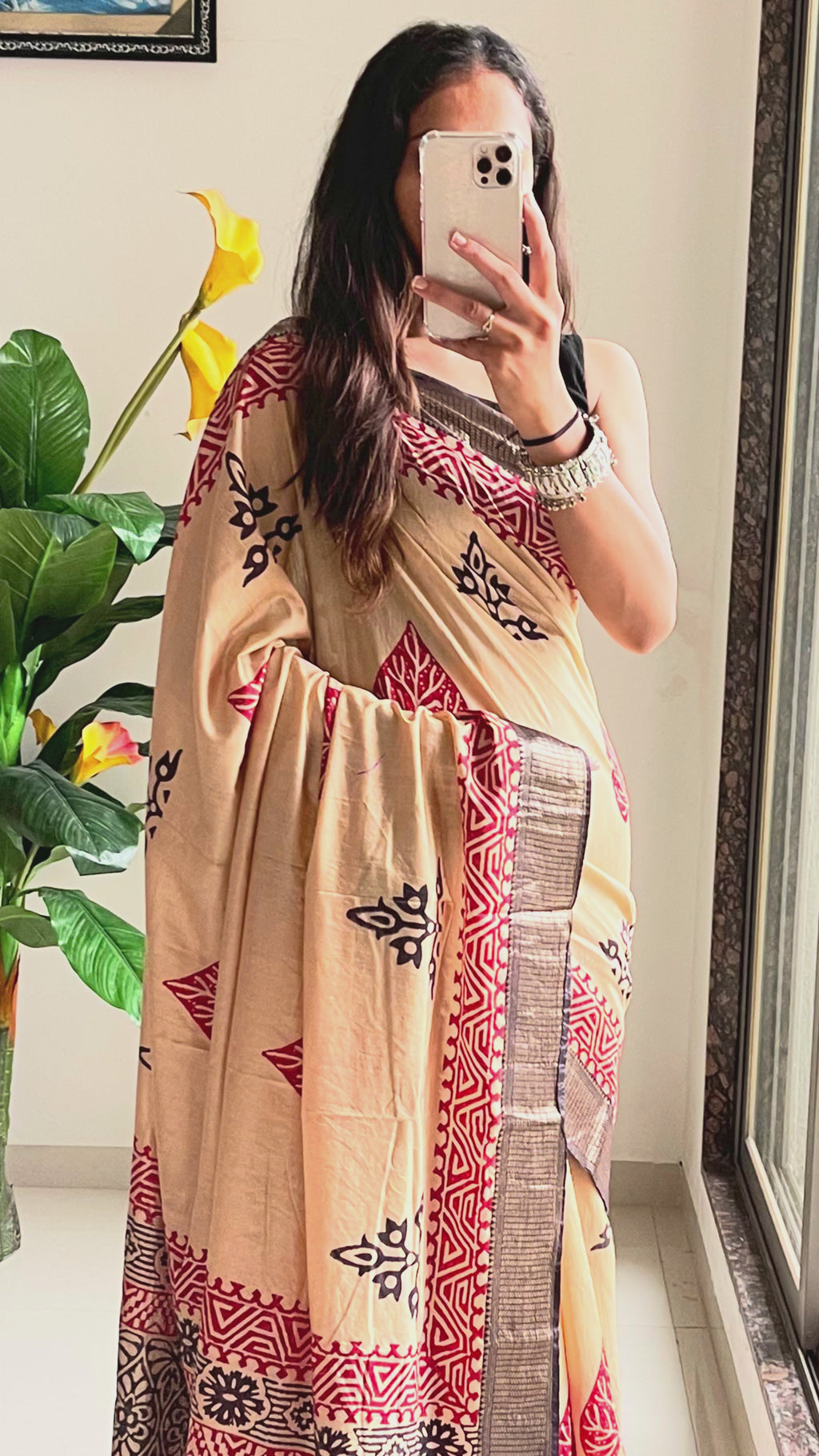 SUTRA3 NATURAL CELLULOSE NYLON AND VISCOSE HAND BLOCK SUTRA SILK BEIGE SAREE