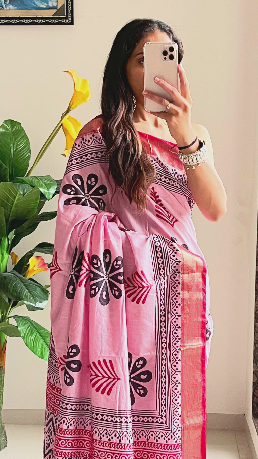 SUTRA4 NATURAL CELLULOSE NYLON AND VISCOSE HAND BLOCK SUTRA SILK BABY PINK SAREE