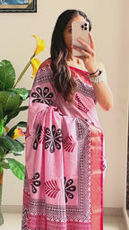 SUTRA4 NATURAL CELLULOSE NYLON AND VISCOSE HAND BLOCK SUTRA SILK BABY PINK SAREE