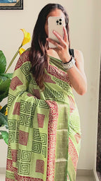 SUTRA2 NATURAL CELLULOSE NYLON AND VISCOSE HAND BLOCK SUTRA SILK PISTA GREEN SAREE