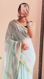 SELFI10 SOFT MASLIN COTTON WITH HEVY ZARI BODAR MINT GREEN SAREE