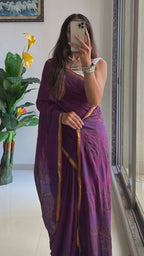 HAND BLOCK8 SOFT MASLIN COTTON WITH HEVY ZARI BODAR PURPLE SAREE
