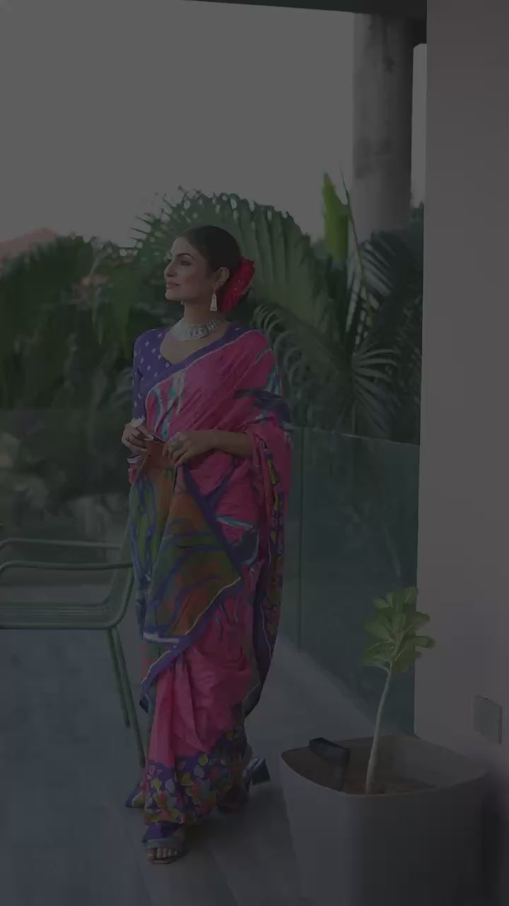 PURE MULMUL SOFT COTTON HERIAGE STYLE HAND PRINT MAGENTA SAREE WITH BLOUSE