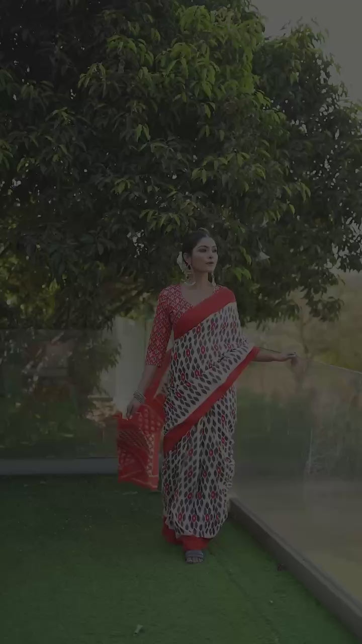 PURE MULMUL COTTON IKKAT PRINT ORANGE SAREE WITH BLOUSE