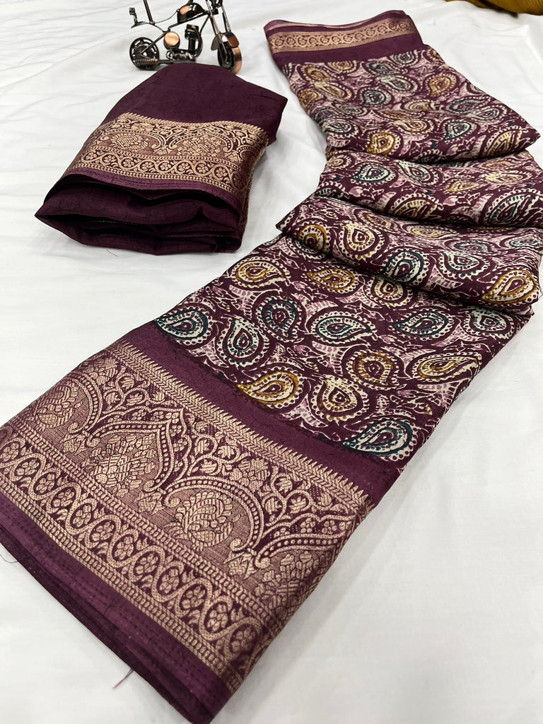 Dola Silk Flower Print with Border saree